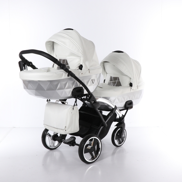 Універсальна коляска для двійні 2 в 1 Junama Mirror Satin Duo Slim 04, білий з сріблястим (J-MS-DUOs-04) - Pampik - 8