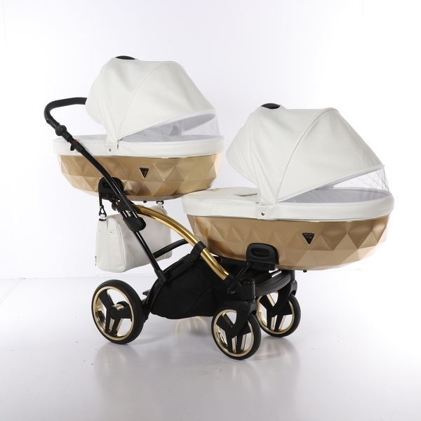 Універсальна коляска для двійні 2 в 1 Junama Mirror Satin Duo Slim 06, білий з золотим (J-MS-DUOs-01) - Pampik - 4