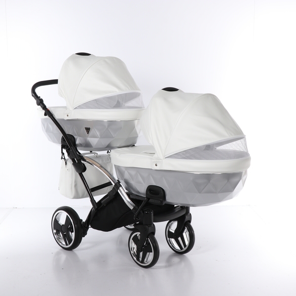 Універсальна коляска для двійні 2 в 1 Junama Mirror Satin Duo Slim 04, білий з сріблястим (J-MS-DUOs-04) - Pampik - 3