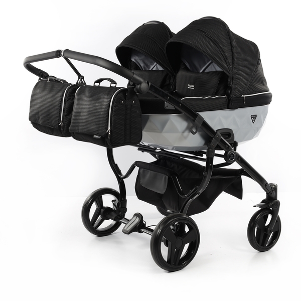 Універсальна коляска для двійні 2 в 1 Junama Mirror Satin Duo 01, чорний з сріблястим (J-MS-DUO-01) - Pampik