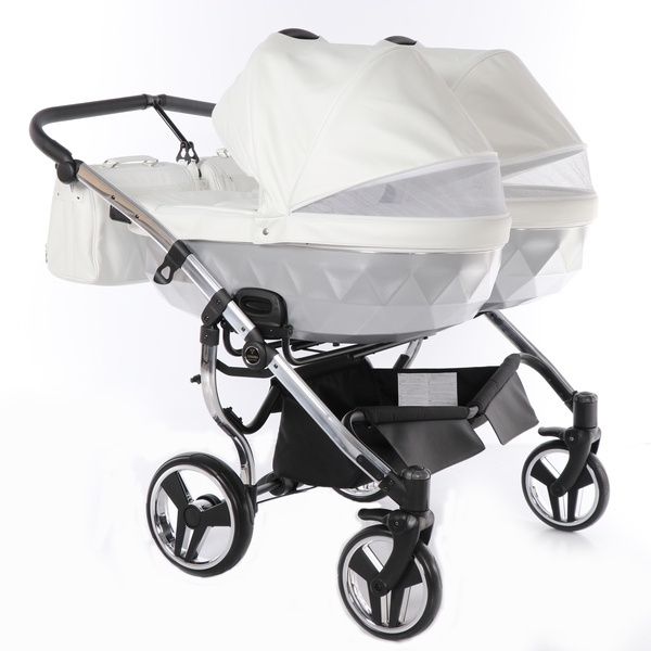 Універсальна коляска для двійні 2 в 1 Junama Mirror Satin Duo 04, білий з сріблястим (J-MS-DUO-04) - Pampik - 3