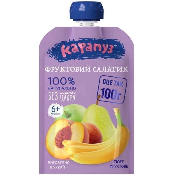 Фруктовое пюре Карапуз Фруктовый салатик, без сахара, 6+ мес., 100 г - Pampik
