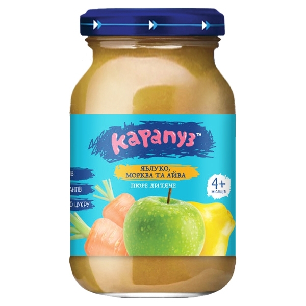 Фруктове пюре Карапуз Яблуко, Морква і Айва, без цукру, з вітаміном С, 4+ міс., 170 г - Pampik