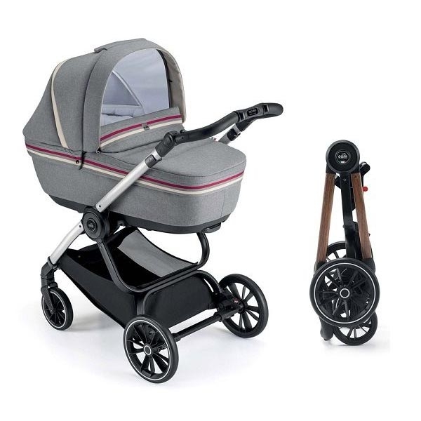 Универсальная коляска 2 в 1 Cam Techno Milano, рама под дерево, серый с полоской (805T/V96/978/553K) - Pampik
