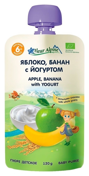 Фруктове пюре Fleur Alpine Органік Яблуко - Банан з Йогуртом, 120 г - Pampik