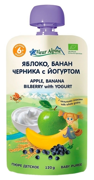 Пюре Fleur Alpine Яблоко-банан-черника с йогуртом, 120 г - Pampik