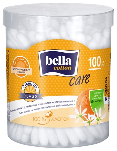 Ватные палочки Bella Cotton Care с Д-пантенолом и вытяжкой из цветков апельсина, 100 шт. - Pampik