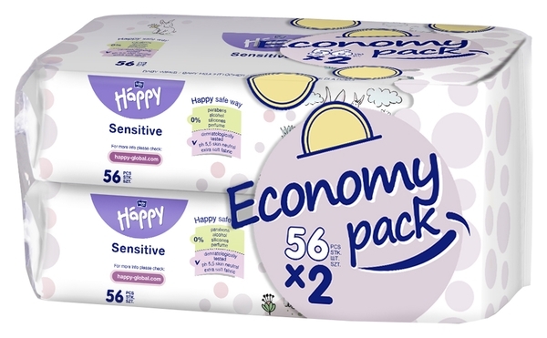 Дитячі вологі серветки Bella Baby Happy Sensetive Aloe Vera Economy Pack, 2х56 шт. - Pampik