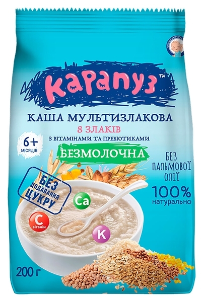 Безмолочна каша Карапуз Мультизлакова, 8 злаків з вітамінами і пребіотиками, 200 г - Pampik