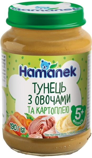 Пюре Hamanek тунець з овочами і картоплею, 190 г - Pampik