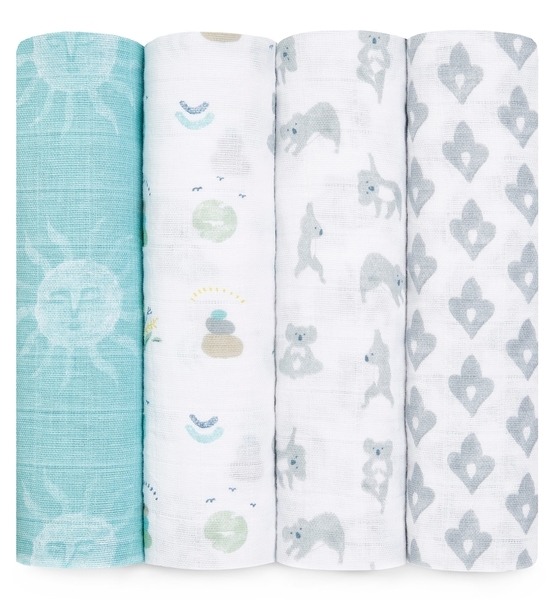 Набор муслиновых пеленок Aden + Anais Now + Zen, 120х120 см, белый, бирюзовый, 4 шт. (ASWC40012) - Pampik