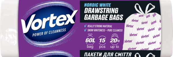 Пакети для сміття Vortex з затяжками, 60 л, 15 шт. - Pampik