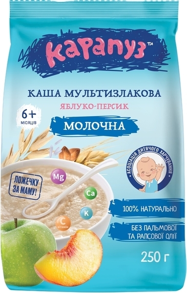 Молочная каша Карапуз Мультизлаковая с яблоком и персиком, 250 г - Pampik