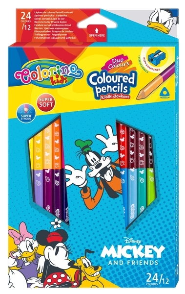 Олівці кольорові Colorino Duo Colors Mickey, двосторонні, з точилкою, 24 кольори, 12 шт. (89854PTR) - Pampik