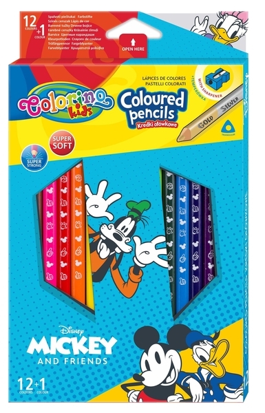 Карандаши цветные Colorino Mickey, с точилкой, 13 цветов, 12 шт. (89847PTR) - Pampik