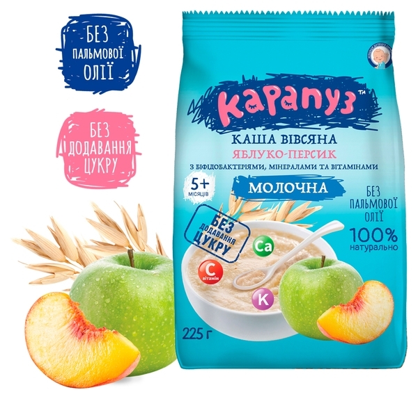 Молочна каша Карапуз Вівсяна з яблуком, персиком, біфідобактеріями, мінералами і вітамінами, 225 г - Pampik