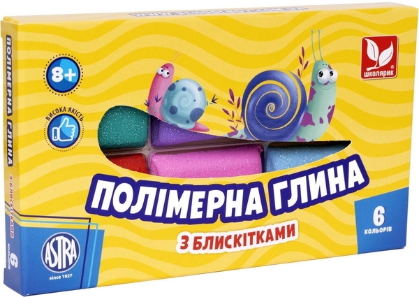 Полімерна глина з блискітками Школярик, 6 кольорів - Pampik
