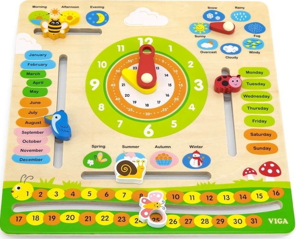 Деревянный календарь Viga Toys с часами, на английском языке (44538) - Pampik