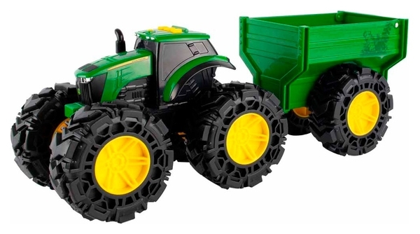 Іграшковий трактор John Deere Kids Monster Treads з причепом і великими колесами, зелений (47353) - Pampik