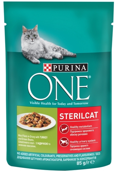 Вологий корм для кішок Purina One Sterilcat Індичка, зелена квасоля в гриль-соусі, 85 г - Pampik