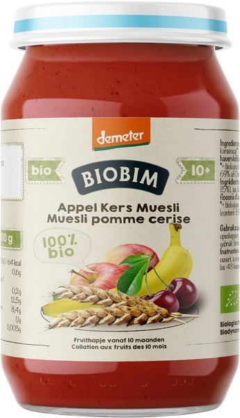 Пюре фруктово-злаковое Biobim Яблоко, вишня и мюсли, 250 г - Pampik