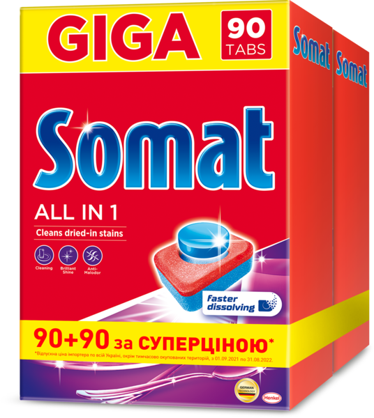 Таблетки для миття посуду в посудомийній машині Somat All in One, 180 шт. (2 уп. по 90 шт.) - Pampik