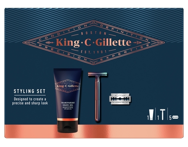 Подарунковий набір для стайлінгу King C. Gillette: бритва, 5 змінних лез, гель для гоління 150 мл - Pampik