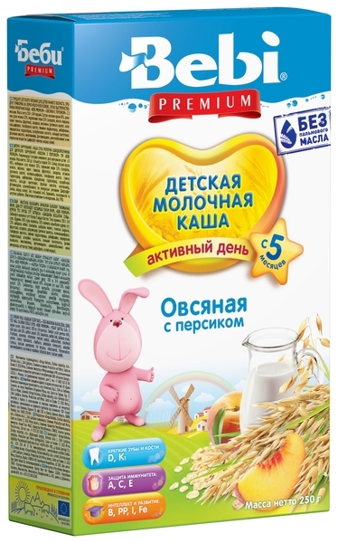 Молочна каша Bebi Premium вівсяна з персиком, 250 г - Pampik