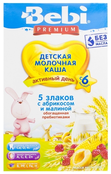 Молочна каша з пребіотиками Bebi Premium 5 злаків з малиною і абрикосом, 200 г - Pampik - 2