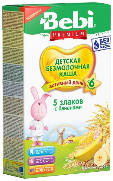 Безмолочна каша Bebi Premium 5 злаків з бананом, 200 г - Pampik