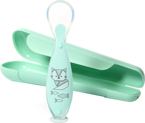 Ложка силиконовая BabyOno, с присоской, в футляре, мятный (1461/01) - Pampik