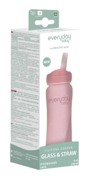 Стеклянная бутылочка Everyday Baby с трубочкой для питья и силиконовой защитой, 240 мл, розовый (10384) - Pampik - 3
