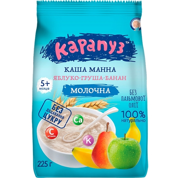 Молочная манная каша Карапуз с фруктами, 225 г - Pampik