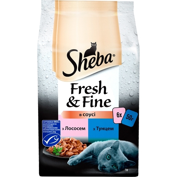 Вологий корм для кішок Sheba Fresh & Fine Рибний мікс, з лососем та тунцем, 300 г (6 уп. по 50 г) - Pampik