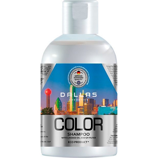 Шампунь Dallas Color Protecting для окрашенных и поврежденных волос с льняным маслом и УФ-фильтром, 1000 мл - Pampik
