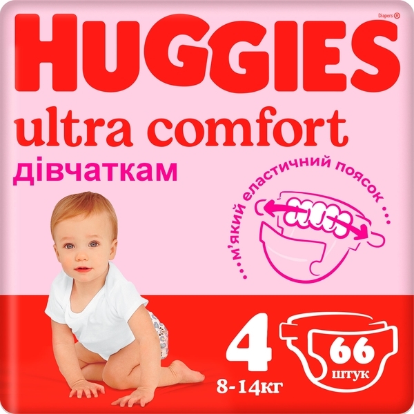 Подгузники на липучках для девочек Huggies Ultra Comfort 4 (8-14 кг), 66 шт. - Pampik
