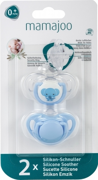 Силиконовая ортодонтическая пустышка Mamajoo Слоник, 0-6 мес., голубой с белым, 2 шт. (MMJ3015) - Pampik