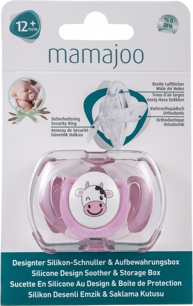 Силіконова ортодонтична пустушка Mamajoo Корівка, 12+ міс., рожевий з білим (MMJ3251) - Pampik
