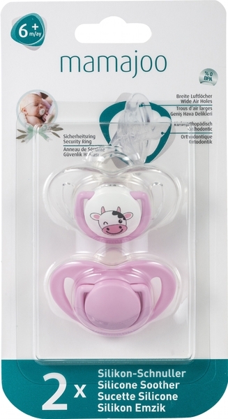 Силиконовая ортодонтическая пустышка Mamajoo Коровка, 6-12 мес., розовый с белым, 2 шт. (MMJ2940) - Pampik