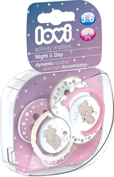Силиконовая динамическая пустышка Lovi Night & Day Бегемотики, 3-6 мес., 2 шт. (22/810girl) - Pampik