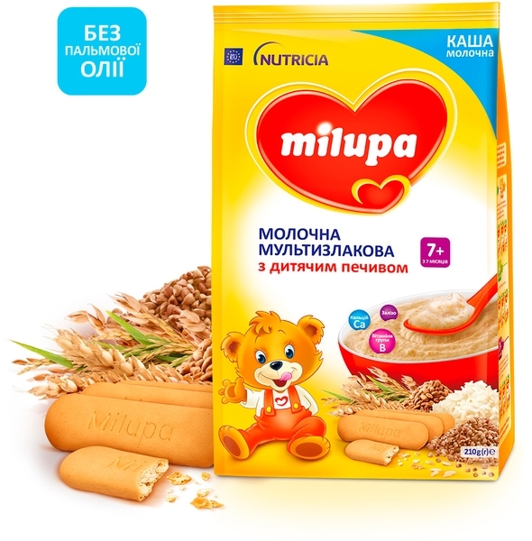 Молочна каша Milupa швидкорозчинна мультизлакова з дитячим печивом, 210 г - Pampik - 2