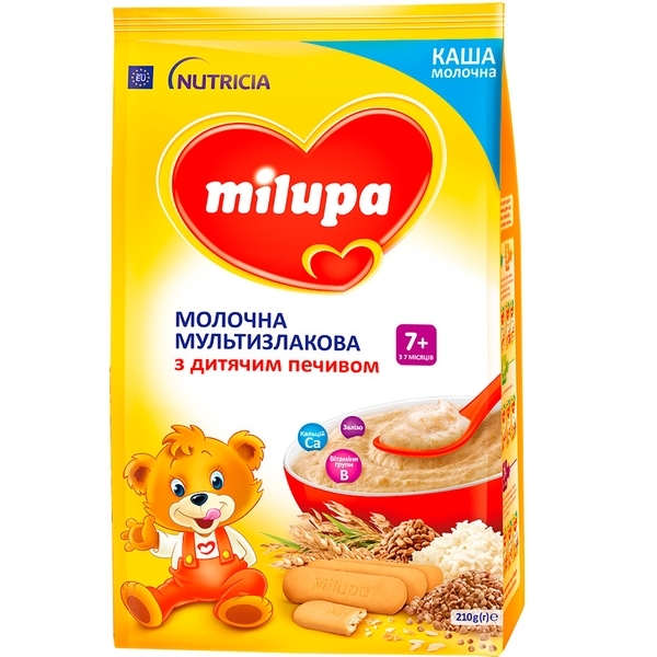 Молочна каша Milupa швидкорозчинна мультизлакова з дитячим печивом, 210 г - Pampik