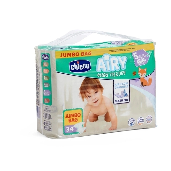 Подгузники на липучках Chicco Airy 5 (11-25 кг), 34 шт. - Pampik