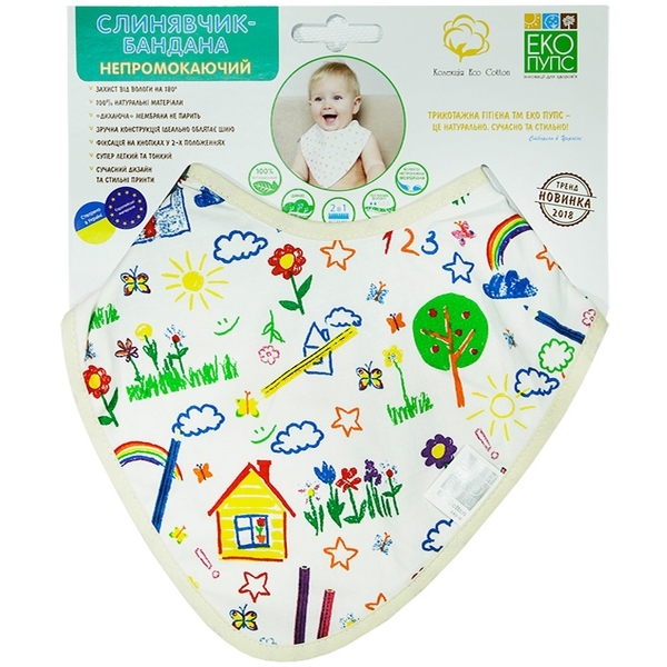 Непромоканий слюнявчик-бандану ЕКО ПУПС Eсo Cotton My Home, нар. 21х30, білий (BEC-016) - Pampik