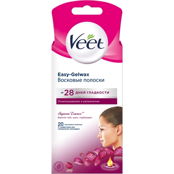 Восковые полоски Veet Easy-Gelwax для чувствительных участков тела (лицо) бархатная роза и эфирные масла, 20 шт.