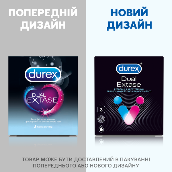 Презервативи латексні із силіконовим мастилом Durex Dual Extase, рельєфні з анестетиком, 3 шт. - Pampik - 3