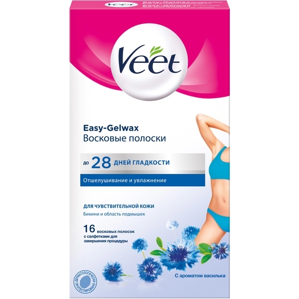 Воскові смужки Veet Easy-Gelwax для чутливої ​​лінії бікіні та області пахв, 16 шт. - Pampik