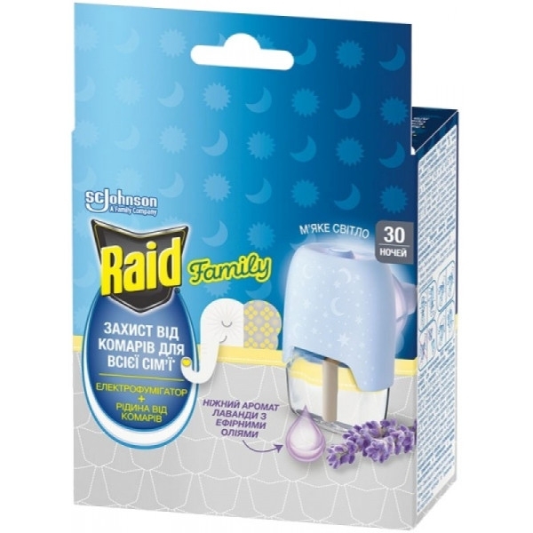Засіб інсектицидний+електрофумігатор проти комарів Raid Лаванда, 30 ночей, 21.9 мл - Pampik