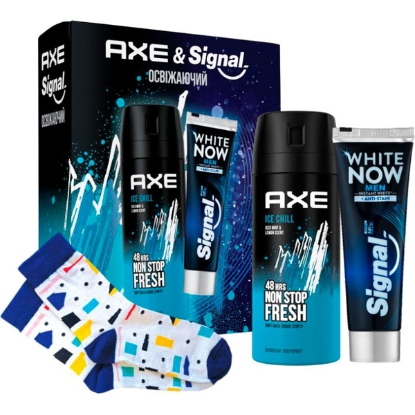 Подарунковий набір Axe Дезодорант-спрей, 150 мл + Зубна паста Signal Миттєве відбілювання, 75 мл + Шкарпетки - Pampik