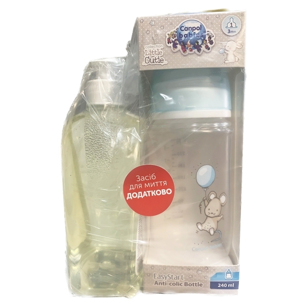 Набір Canpol babies: Пляшка з широким отвором Little Cutie, 240 мл + Рідина для миття пляшок і сосок, 500 мл, рожевий (0227_ua) - Pampik